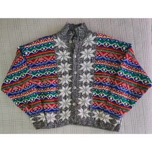 VTG 90s Colorful Fair Isle Geometric Cardigan Women's Large Chunky Knit Retro